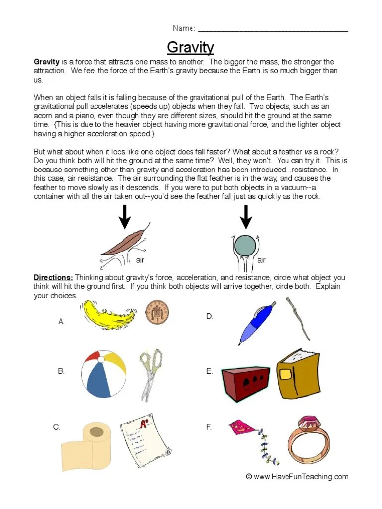 Gravity Worksheet 2