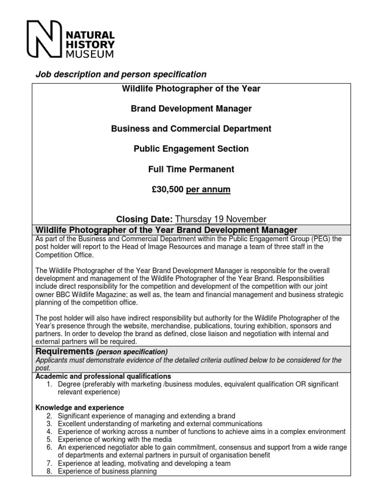 Job Description and Person Specification Wildlife Photographer of the