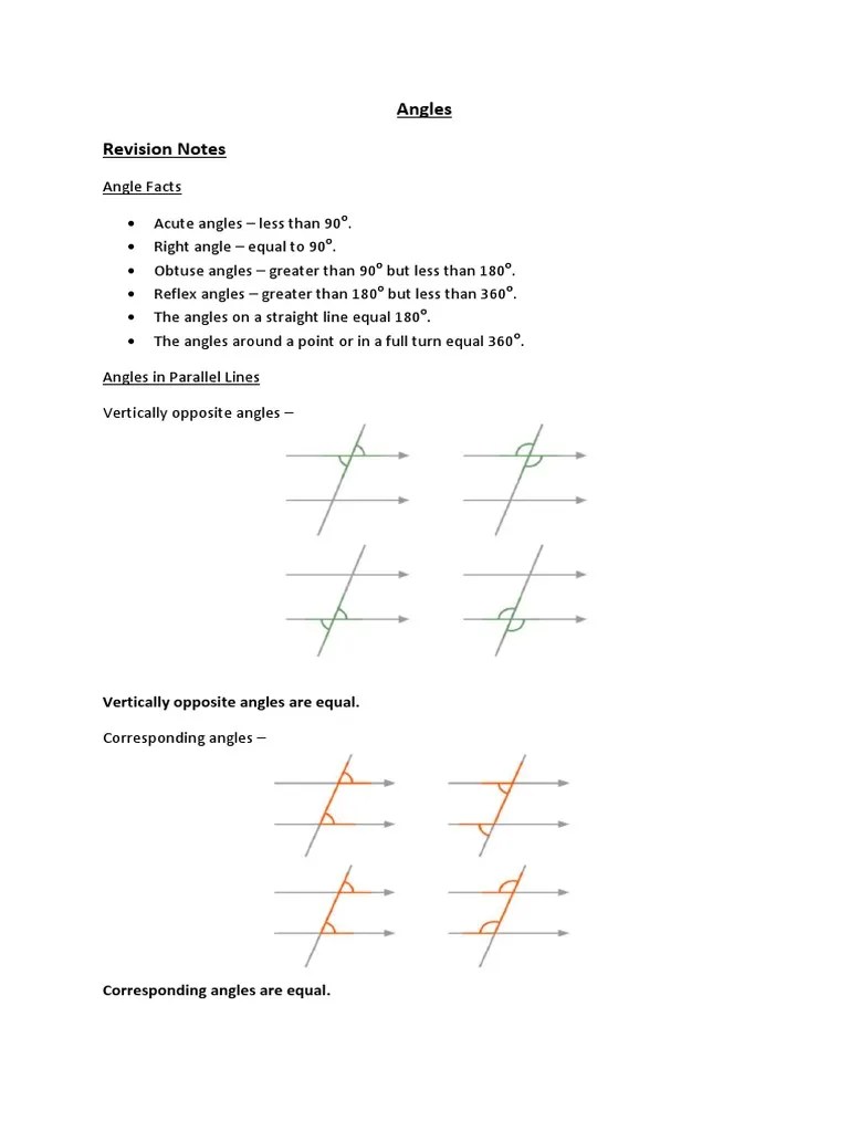 Angles Revision Notes Vertically opposite angles are equal
