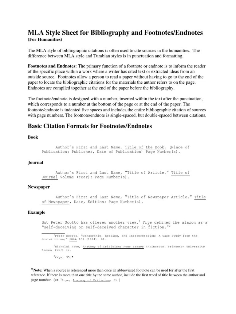 Mla Footnotes Note (Typography) Citation