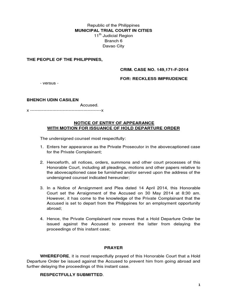 Notice of Entry of Appearance Corpuz Arraignment Prosecutor