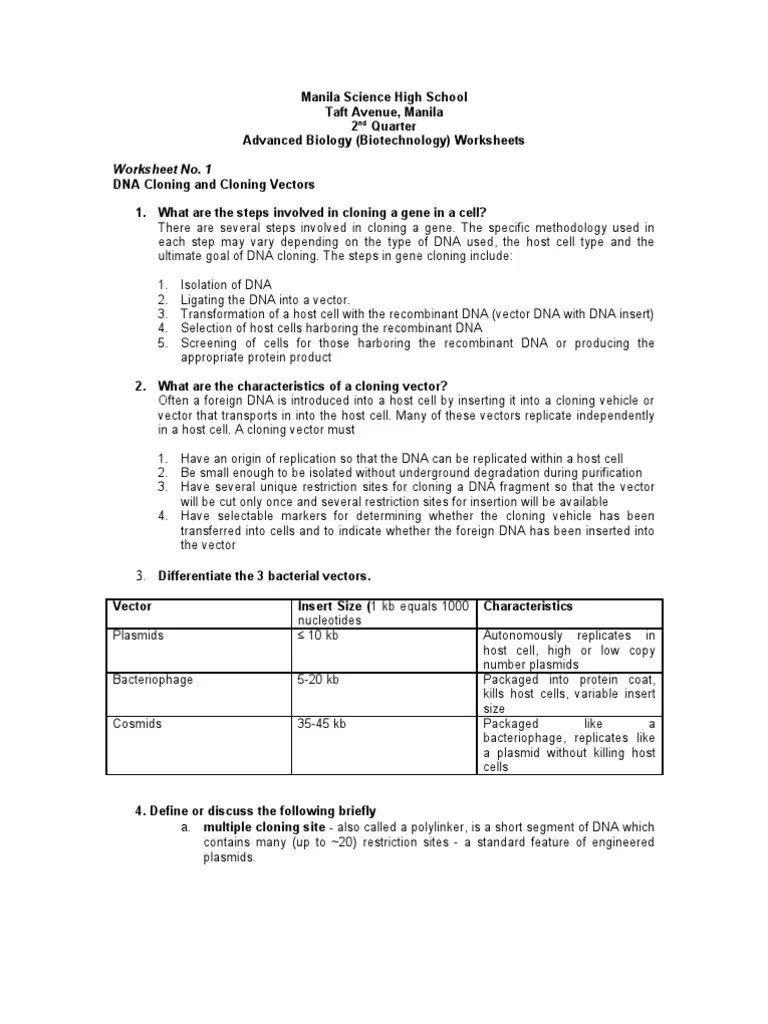 Worksheets With Answers | PDF | Plasmid | Molecular Cloning