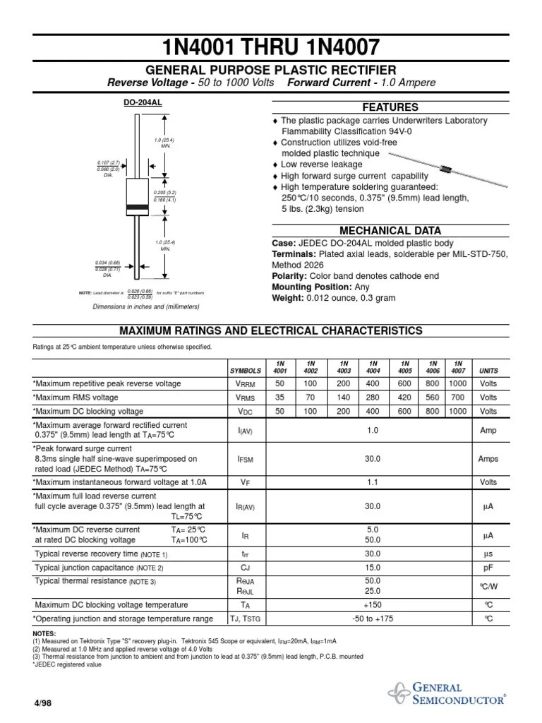 data sheet Diodo 1N400 Rectifier Voltage