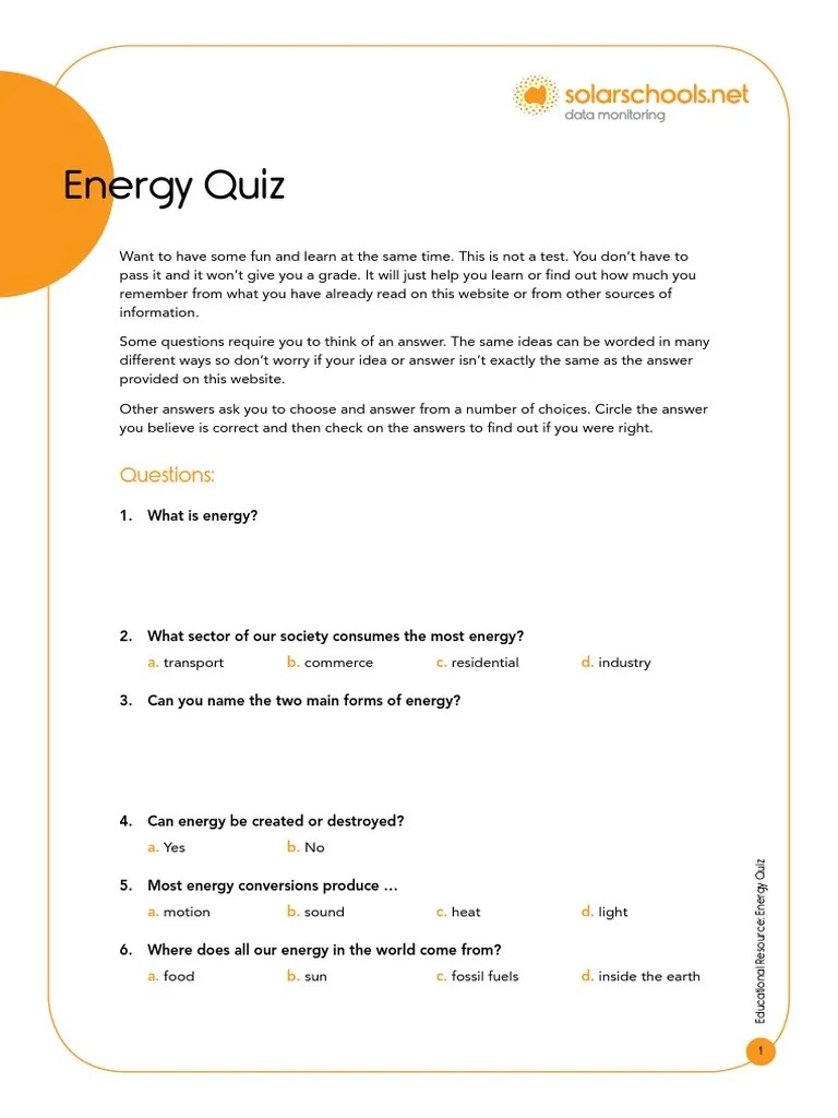Solarschools Activity Energy Quiz | PDF | Energy Development | Fuels