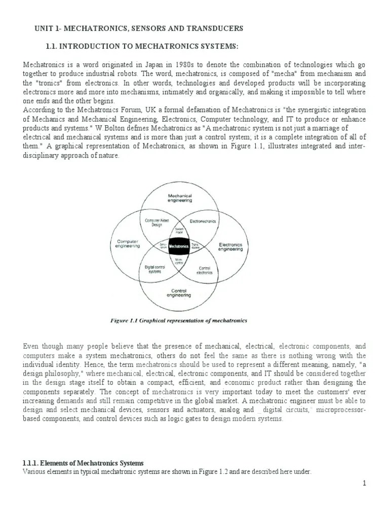 Unit 1MECHATRONICS, SENSORS AND TRANSDUCERS PDF Control Theory
