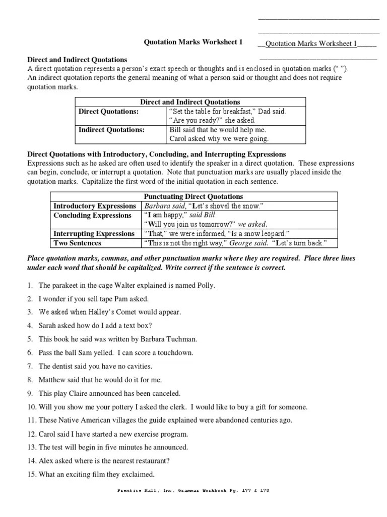 Quotation Marks Worksheet Punctuation Quotation Mark