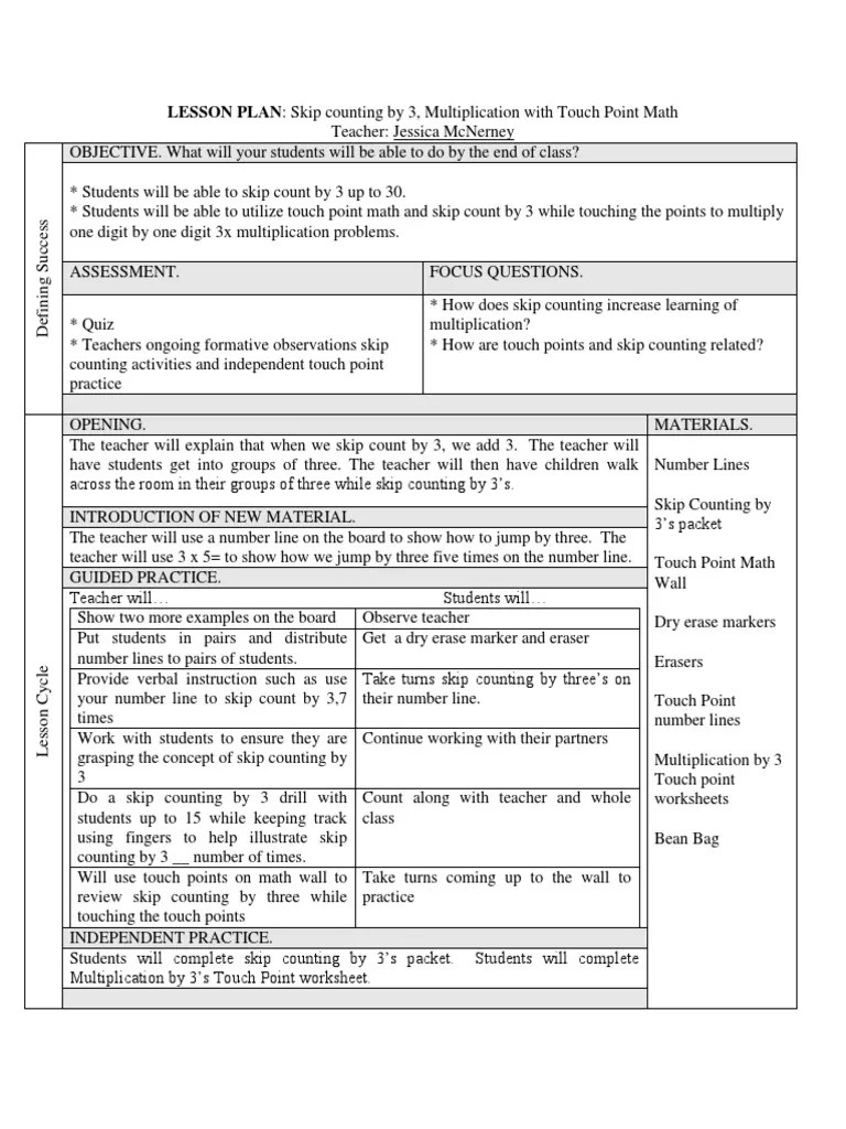 Touch Point Math PDF Lesson Plan Learning