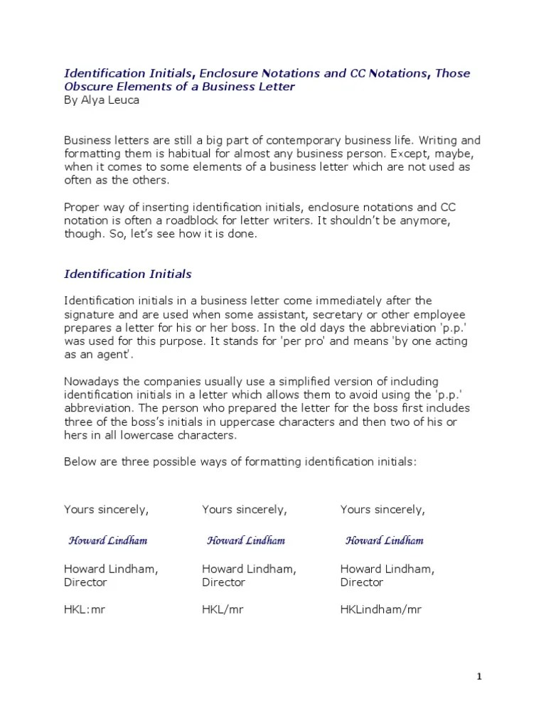 Identification Initials, Enclosure Notations and CC Notations in a