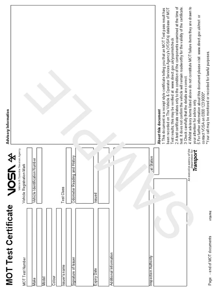 Sample Mot Test Certificate VT 20 PDF Vehicles Motor Vehicle