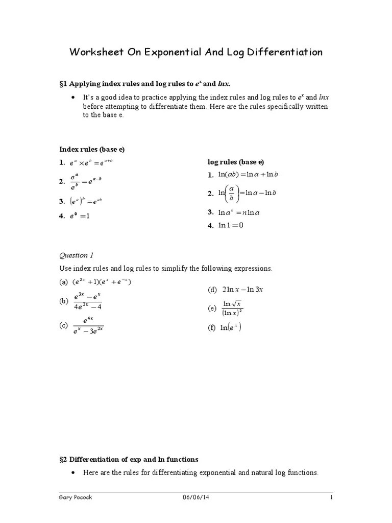 Worksheet on Exponential & Logarithm Differentiation Logarithm