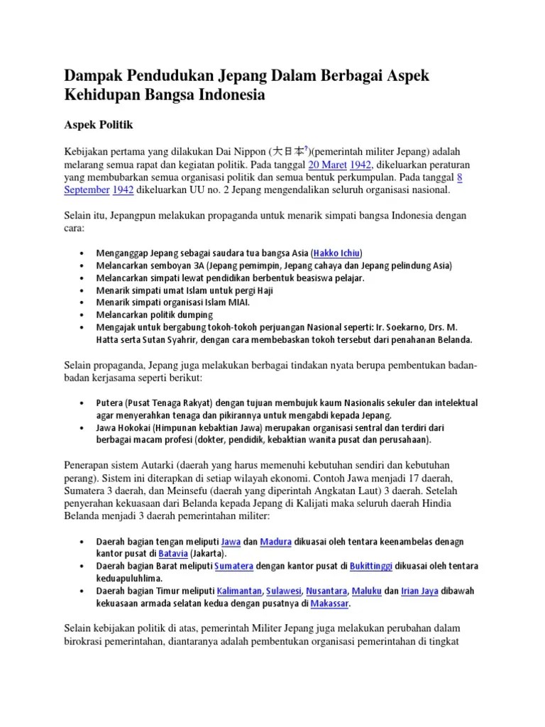 Dampak Pendudukan Jepang Di Indonesia