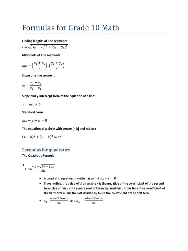 Formulas For Grade 10 Math PDF Trigonometric Functions Euclidean
