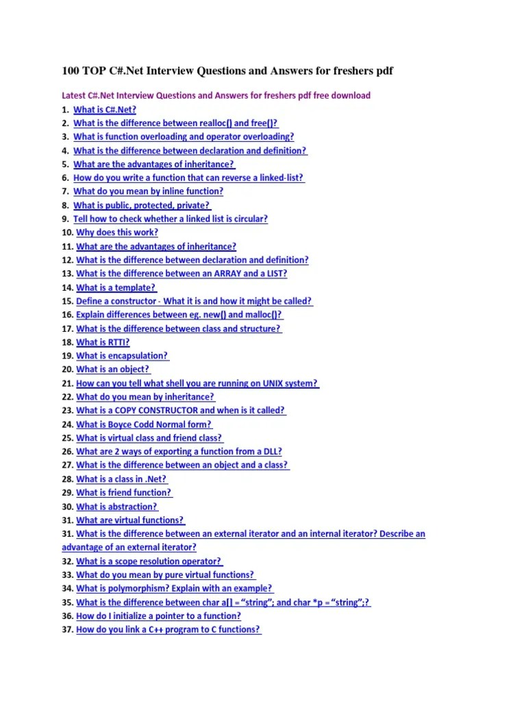 Interview Questions and Answers for Freshers PDF C++ Class