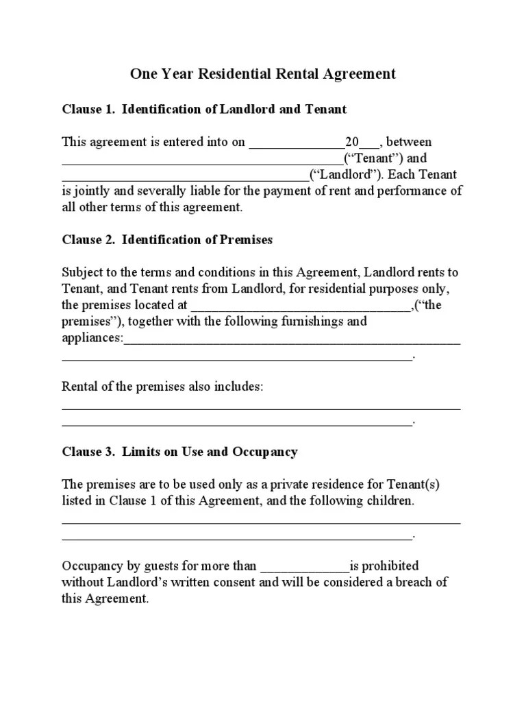 One Year Residential Rental Agreement 32512 PDF Leasehold Estate Landlord