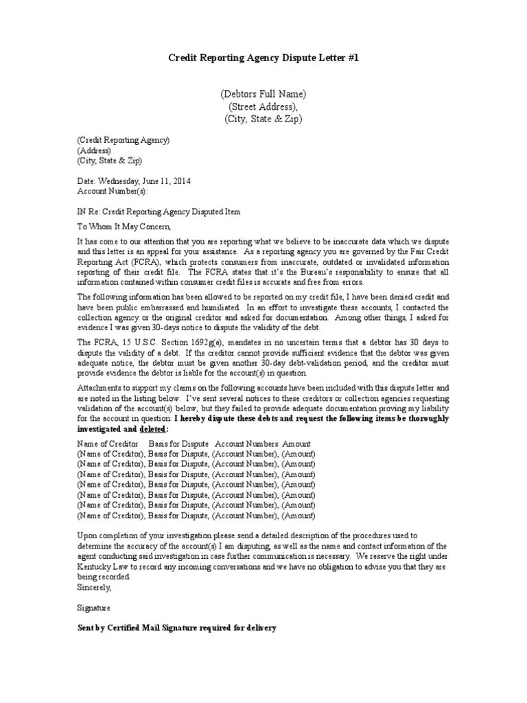 Cra Dispute Letter 1 Collection Agency Credit Bureau