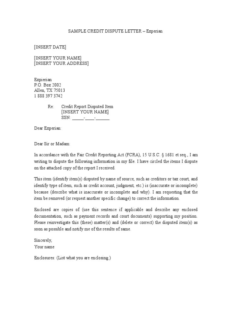 1104experian Credit Dispute Letter PDF