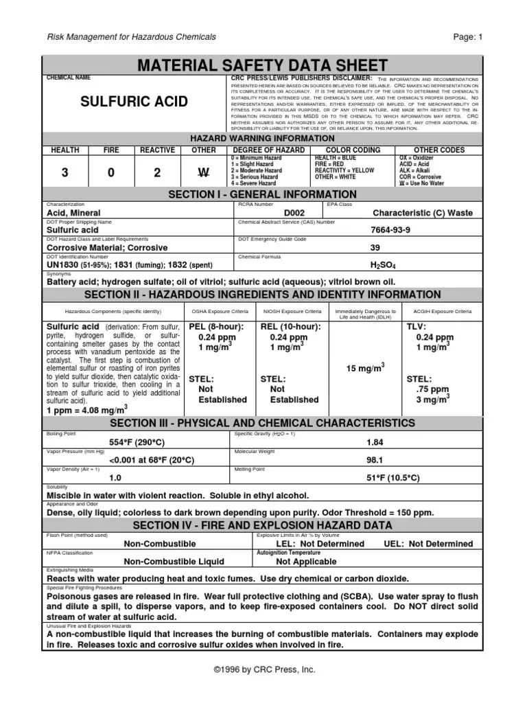 MSDS Sulfuric Acid Sulfur