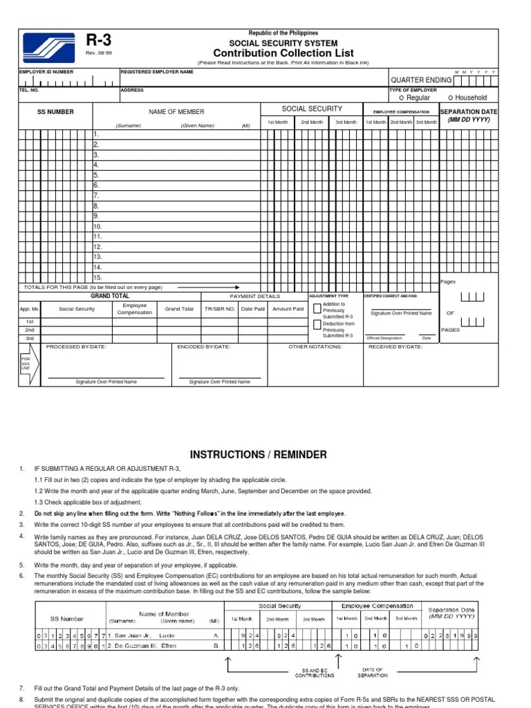 SSS R3 Contribution Collection List in Excel Format Employment