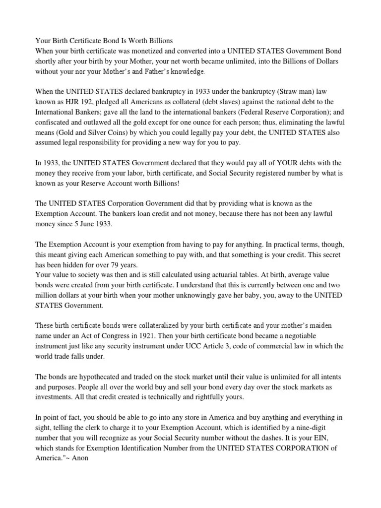 Your Birth Certificate Bond Is Worth BillionsBirth