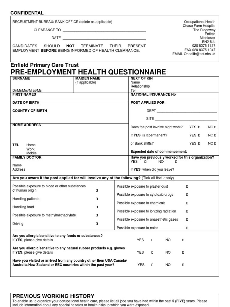 Pre Employment Occupational Health Form Hepatitis B Vaccines
