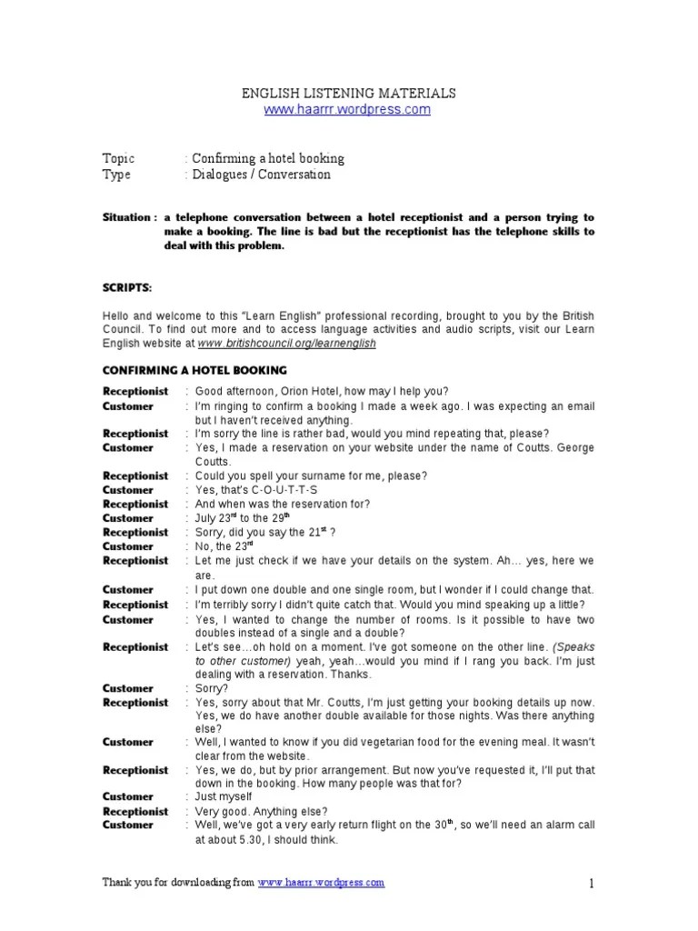 Script Confirming A Hotel Booking