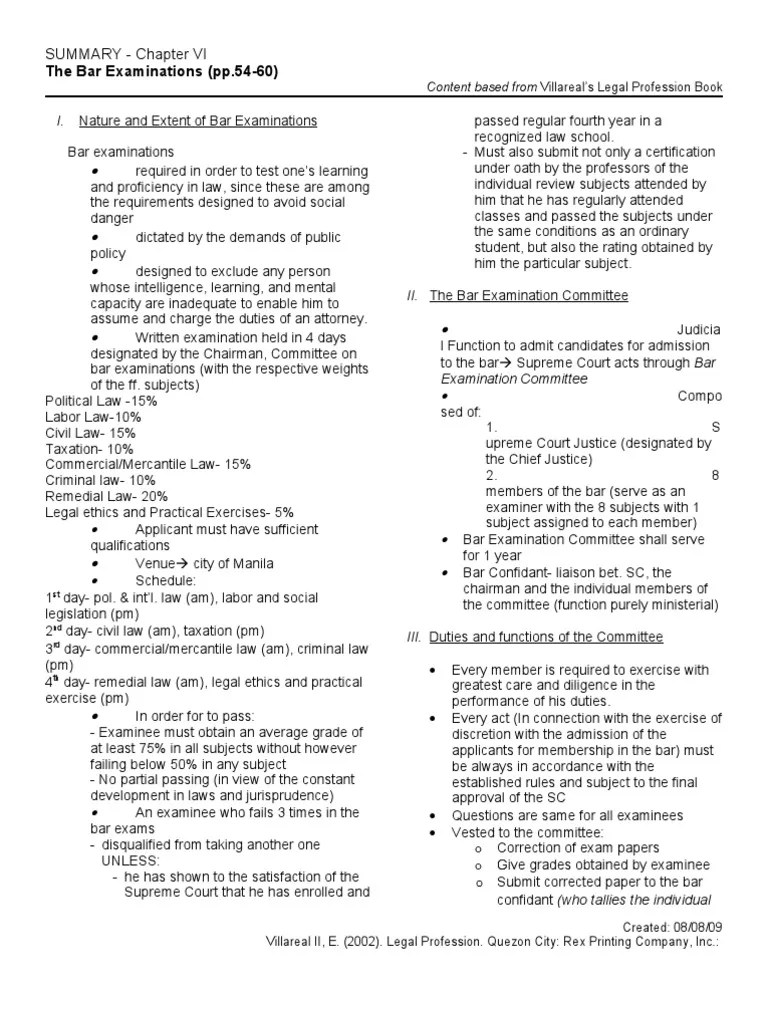 The Bar Examinations (pp.5460) SUMMARY Chapter VI