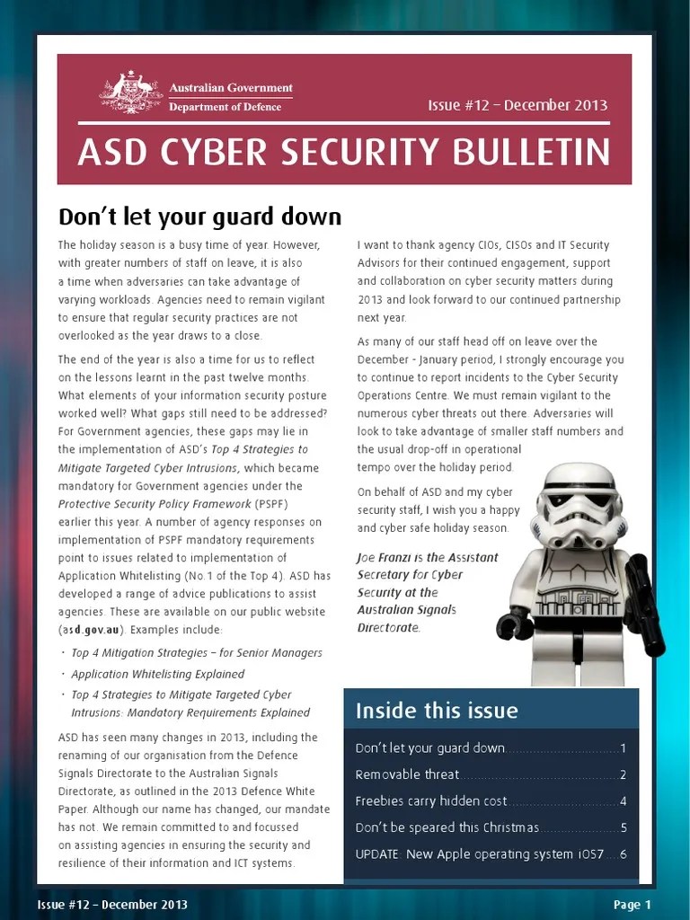 ASD Cyber Security Bulletin 2013 12 Computer Security Security
