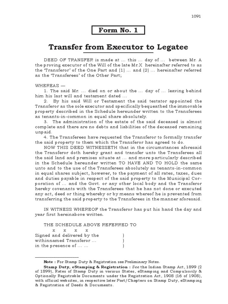 Transfer From Executor To Legatee Form No. 1 PDF Will And
