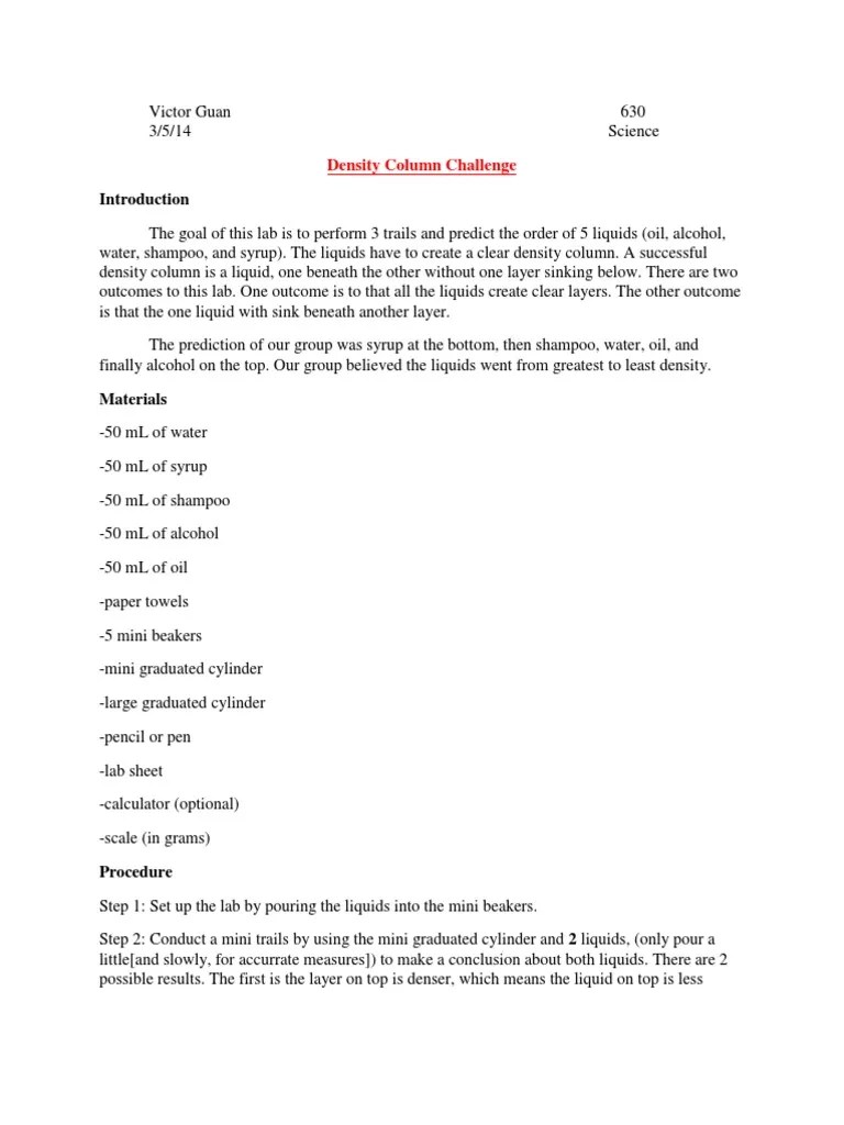 Density Column Lab Report PDF Density Atmosphere Of Earth
