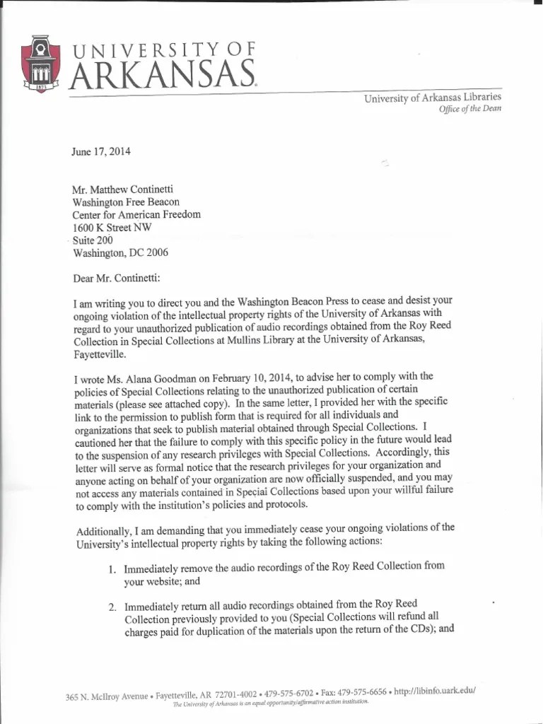 University of Arkansas Letter To WFB PDF