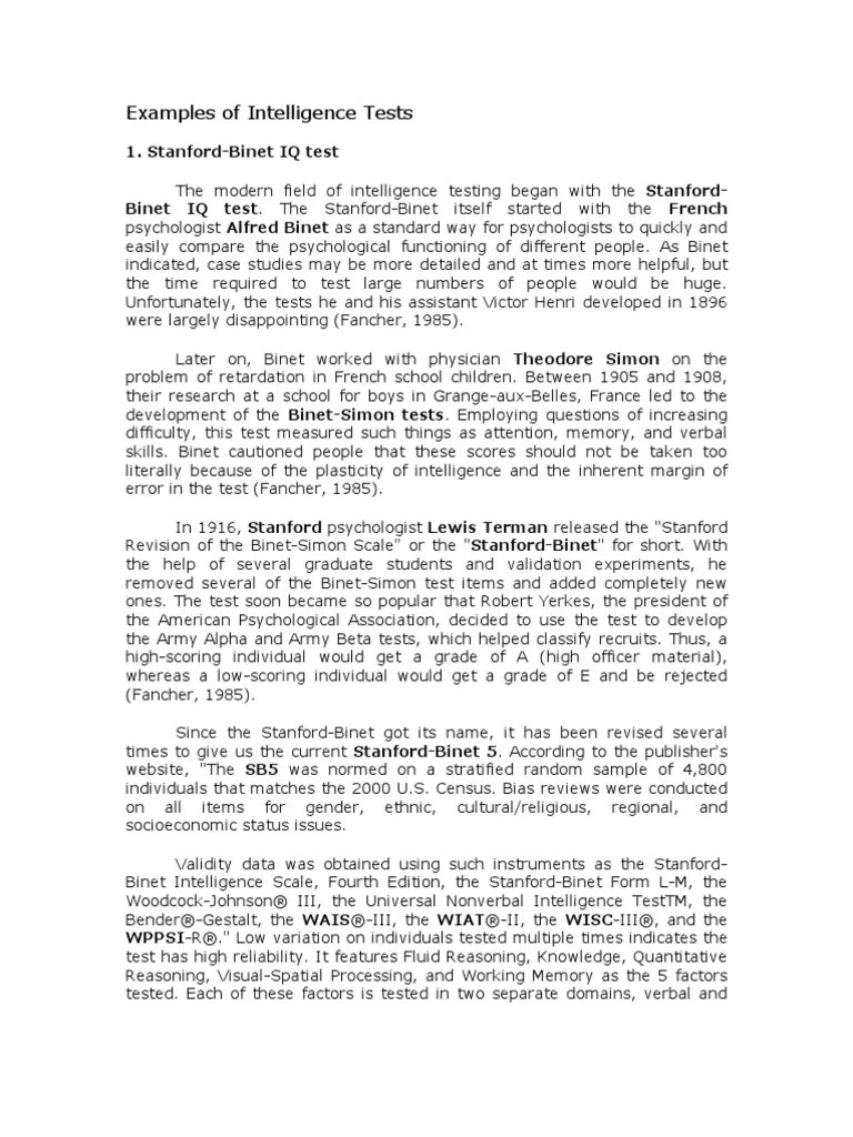 Examples of Intelligence Tests Wechsler Adult Intelligence Scale