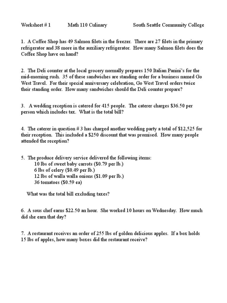Culinary Math worksheet
