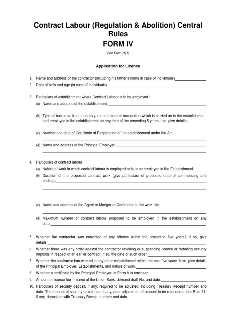 Contract Labour Application For License PDF License Employment