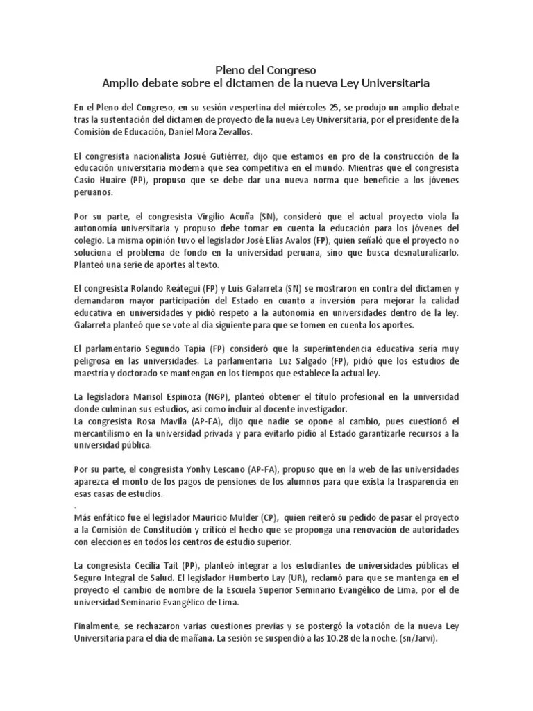 Resumen Del Debate Sobre La Ley Universitaria PDF Universidad