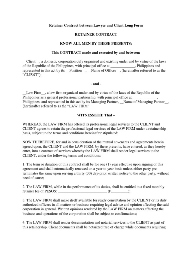 Retainer Contract Between Lawyer and Client Long Form Attorney's Fee