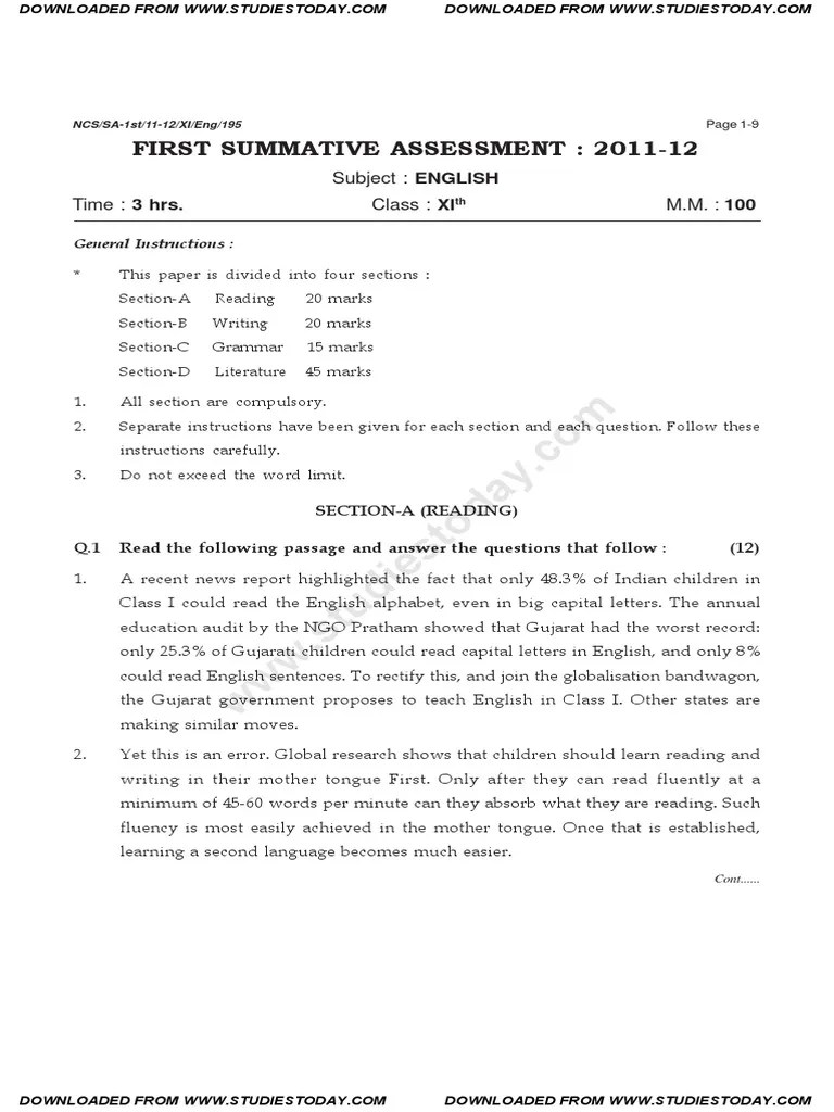 CBSE Class 11 English Question Paper SA1 2011 English Language