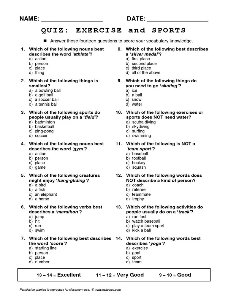 Create and print a quiz with trivia questions in random categories or in any subcategory of your choice. 10 Esl Topics Quiz Exercise | Quiz | Sports