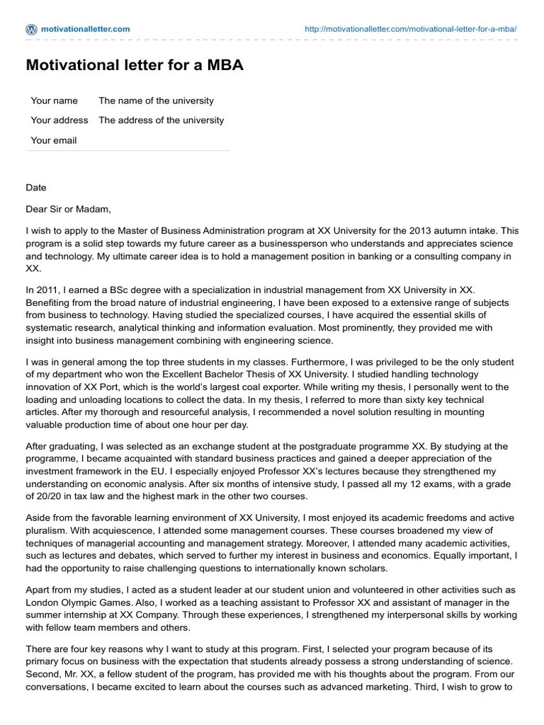 Motivational Letter for a MBA Master Of Business Administration