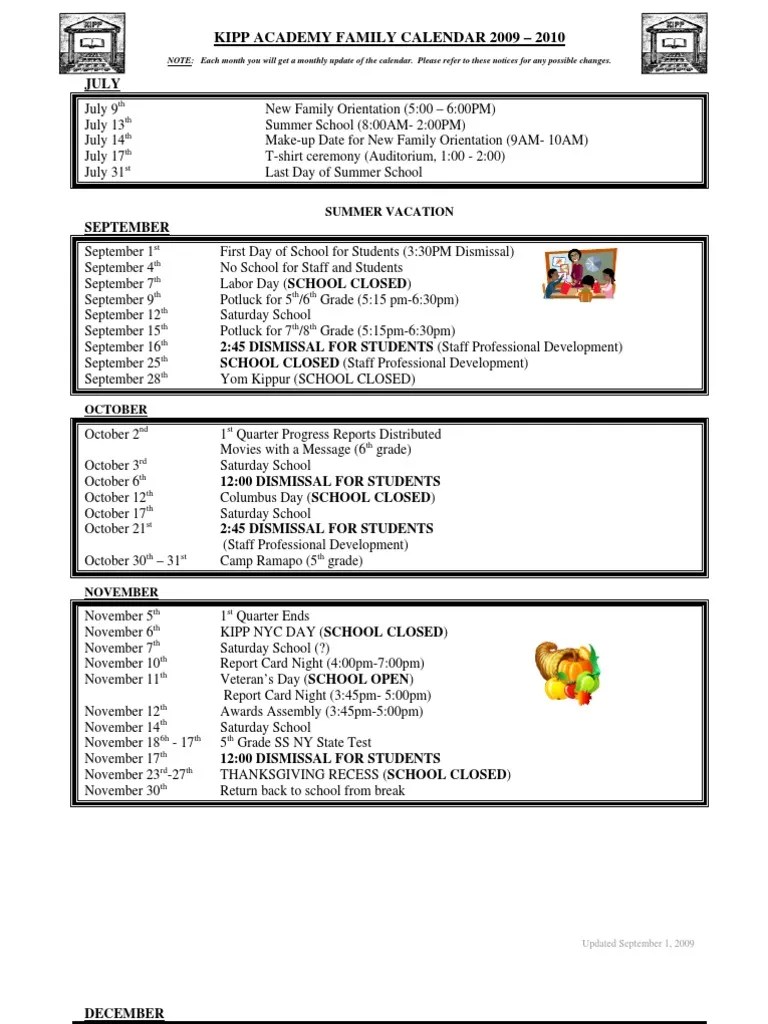 KIPP Academy Family Calendar 20242025 PDF Seasons Academia