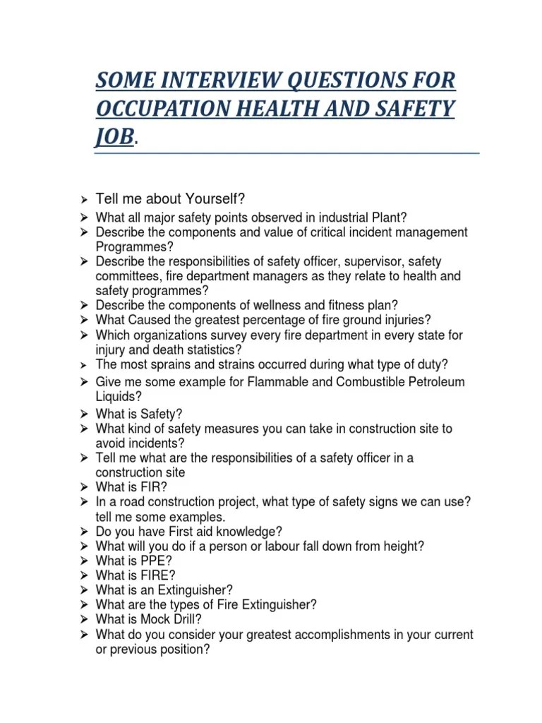 Some Interview Questions For Occupation Health and Safety Job PDF