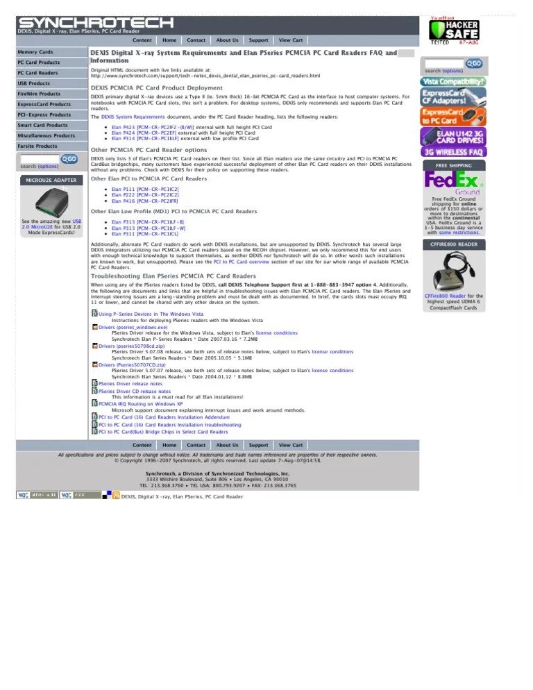 DEXIS Digital XRay System Requirements and Elan PSeries PCMCIA PC Card