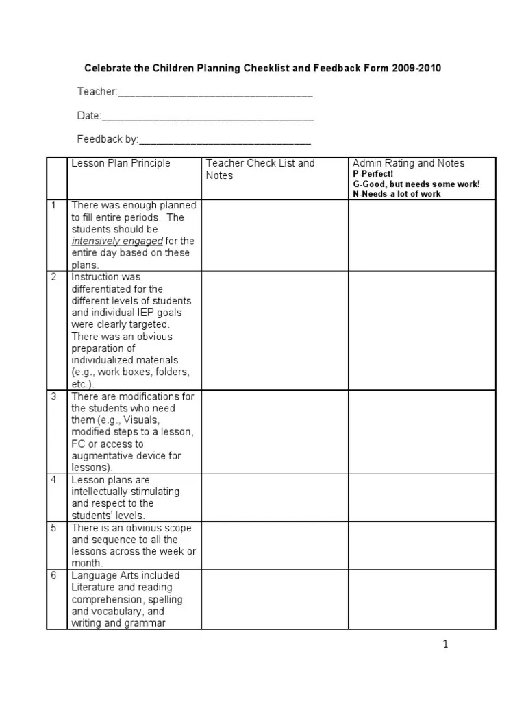 CTC Lesson Plan Checklist Feedback Form[1] Lesson Plan Reading Comprehension