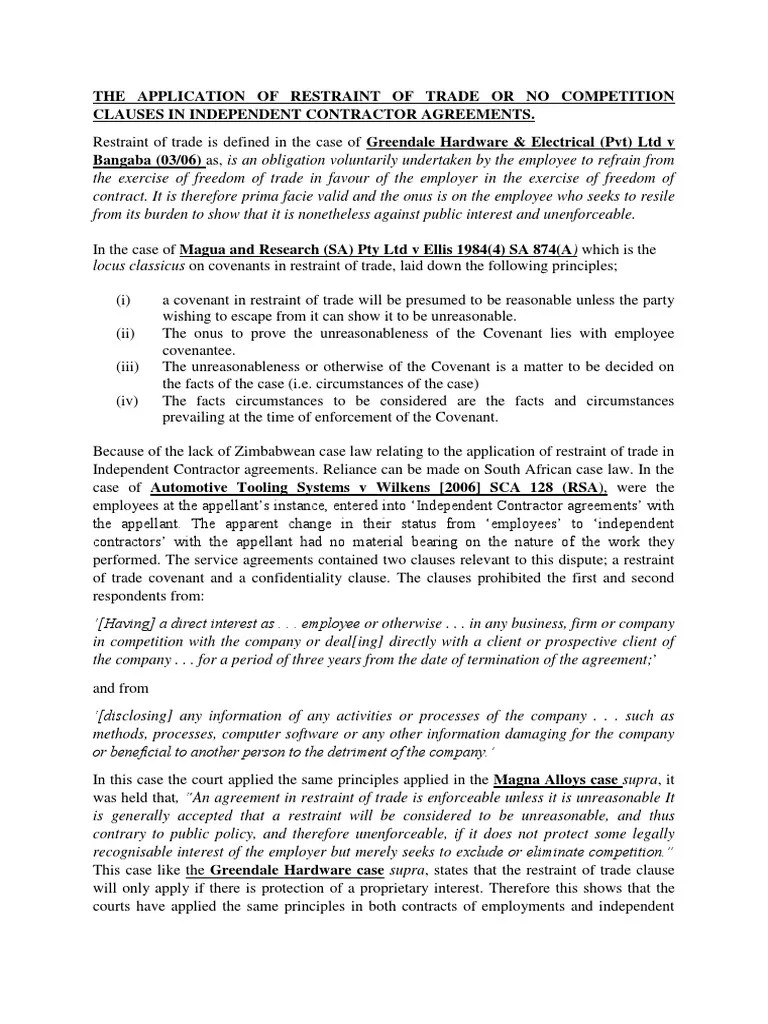 The Application of Restraint of Trade or No Competition Clauses in