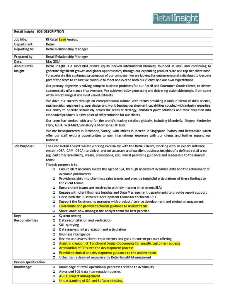 RI Lead Analyst Job Spec PDF Intelligence Analysis Insight