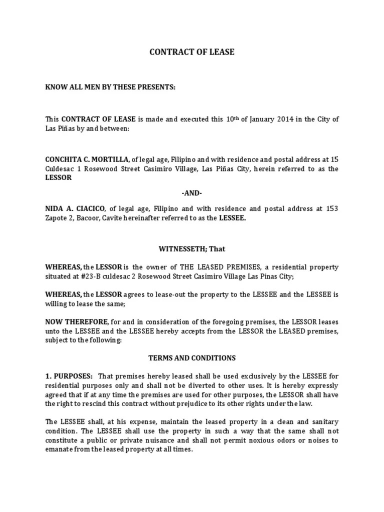 Sample Contract of Lease Lease Renting
