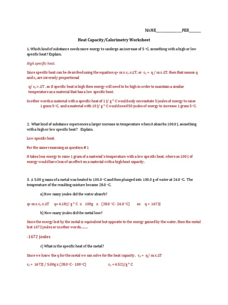 Specific Heat Worksheet Answer Key