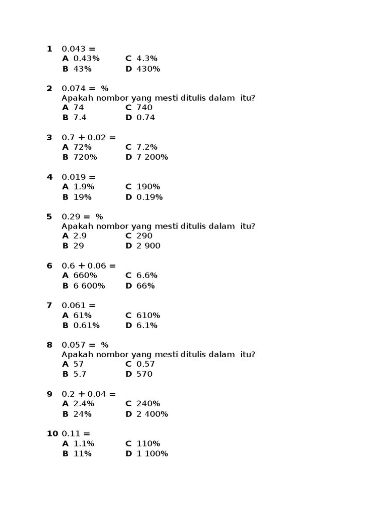 Soalan Peratus Matematik Tahun 5