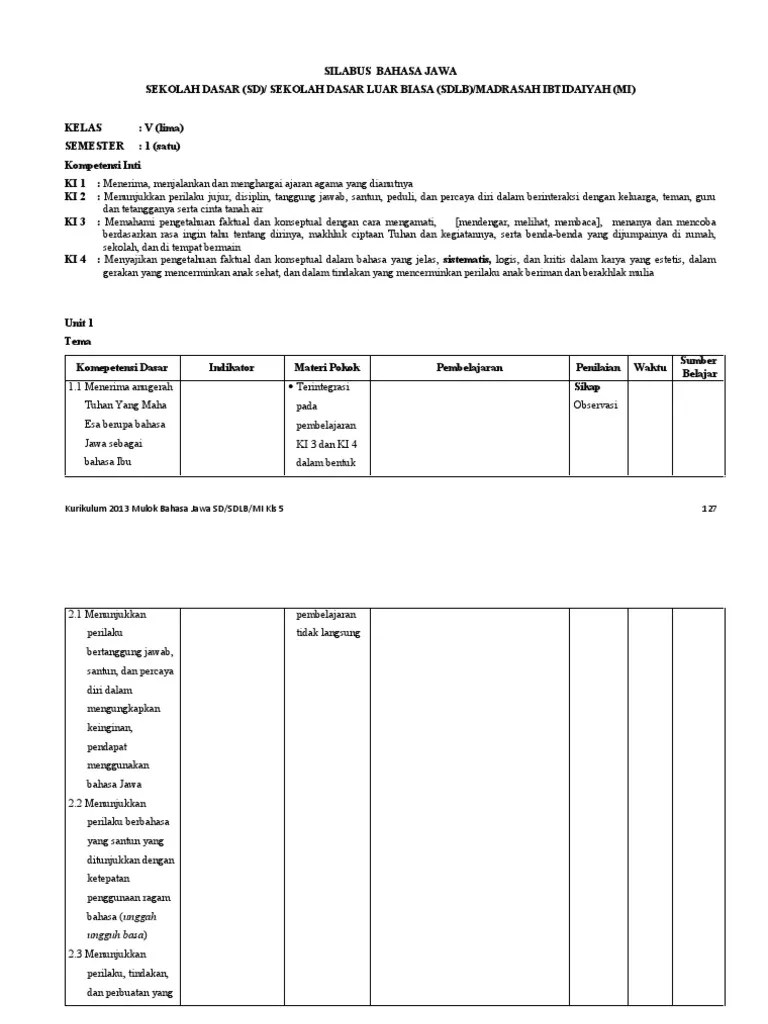 Silabus Bahasa Jawa Kelas 5 | PDF