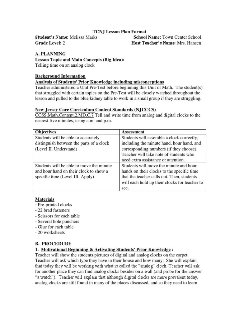 Math Clocks Lesson Grade 2 PDF Clock Lesson Plan