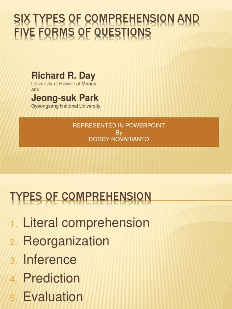 Six Types of Comprehension PDF Reading Comprehension Question